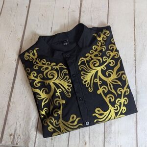 Luc Matton African Gilding Black Gold Shirt Mens Long Sleeve Mid Button
